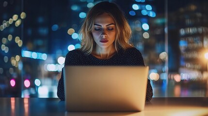 Canvas Print - Focused Woman Working Late on Laptop at Night