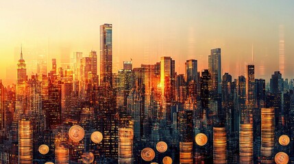 Wall Mural - Cityscape with Coins Against Sunset Background