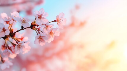 Cherry blossom trees under a glowing sunset, soft pink petals illuminated, midangle, warm and romantic ambiance, gentle breeze, peaceful and beautiful