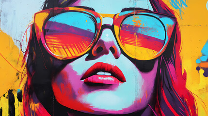 Wall Mural - Vibrant street graffiti featuring a stylish woman wearing colorful sunglasses, blending urban art with expressive color splashes. Kinetic Art. Illustration