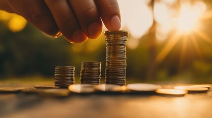 Canvas Print - Stacking Coins Against a Beautiful Sunset Background