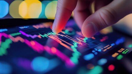 Poster - hand touching digital display with colorful graphs