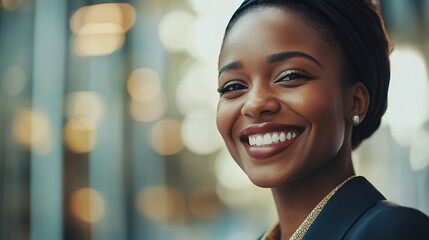 Wall Mural - Happy Smiling Woman in City Background