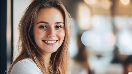 Poster - Smiling Woman in Bright Indoor Setting