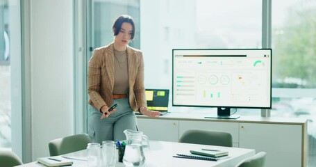 Poster - Computer screen, notes and presentation with business woman in office, getting ready for pitch. Dashboard, data and international report with finance employee at work to practice for client meeting