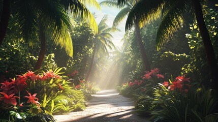 Wall Mural - Sunlit Path Through a Tropical Jungle