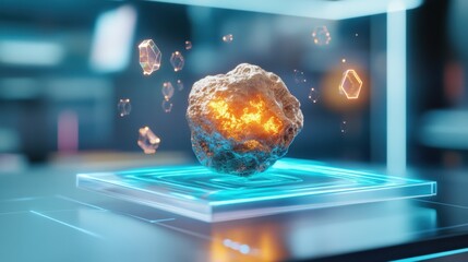 Wall Mural - Futuristic 3D Rock with Glowing Particles in Space