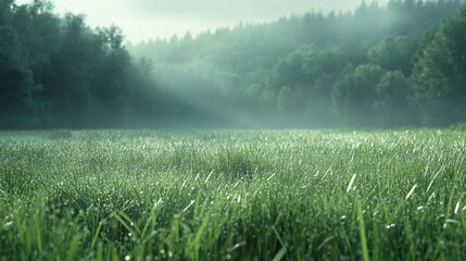 Green grass field with morning dew and a blurry background of a misty forest.