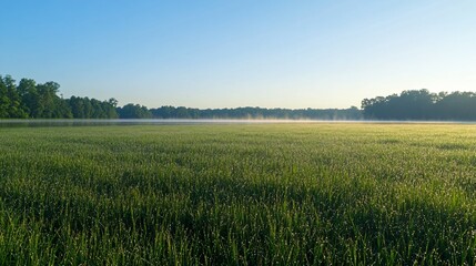 Sticker - Lush green field with fog above a lake at sunrise.