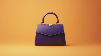 A structured, top-handle bag in deep purple with gold details, isolated on a pastel orange background