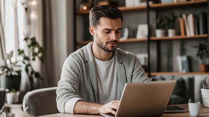 Canvas Print - Young Man Working on Laptop in Cozy Home Office