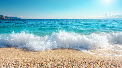 Smooth pebbles scattered on a serene beach, where crisp waves gently crash onto the shore. The contrast between the solid stones and the fluid water represents balance, endurance, and the passage of t