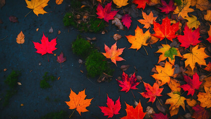 Poster - Red and orange autumn leaves scattered over a dark forest floor with mossy patches anime style