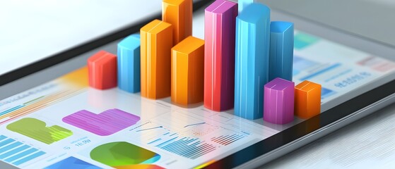 Poster - Colorful 3D bar graph displayed on a digital tablet, showcasing data analysis and business growth perspectives visually.