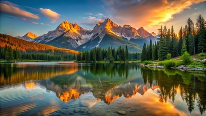 Serene lake nestled in the heart of a majestic mountain range, basks in the warm glow of golden hour, reflecting the vibrant colors and contrasts of the landscape at dawn's break.