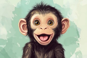 happy cute cartoon animal monkey isolated on green background