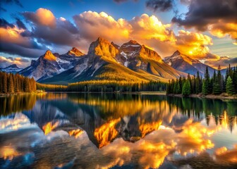 Wall Mural - Golden Hour Light creeps over majestic mountain peaks, illuminating serene lake waters with vibrant reflections and amplifying dramatic contrasts, expansive vistas, and the grandeur of nature.