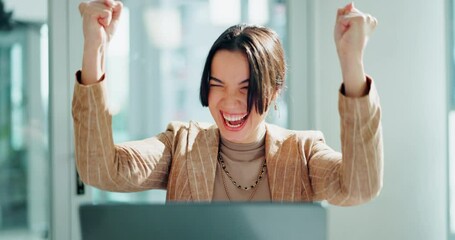 Poster - Excited, business woman and winning with laptop for good news, promotion or email at office. Happy female person or employee with smile or fist pump on computer for victory, lottery or prize at desk