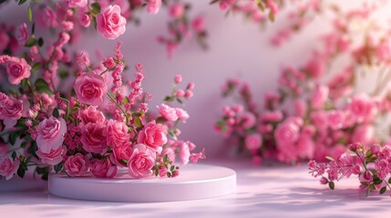 Wall Mural - Pink Rose Flower Bouquet on a White Round Pedestal