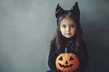 child with halloween jack o lantern