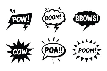 Six different comic book style speech bubbles with exclamation points and dynamic effects.