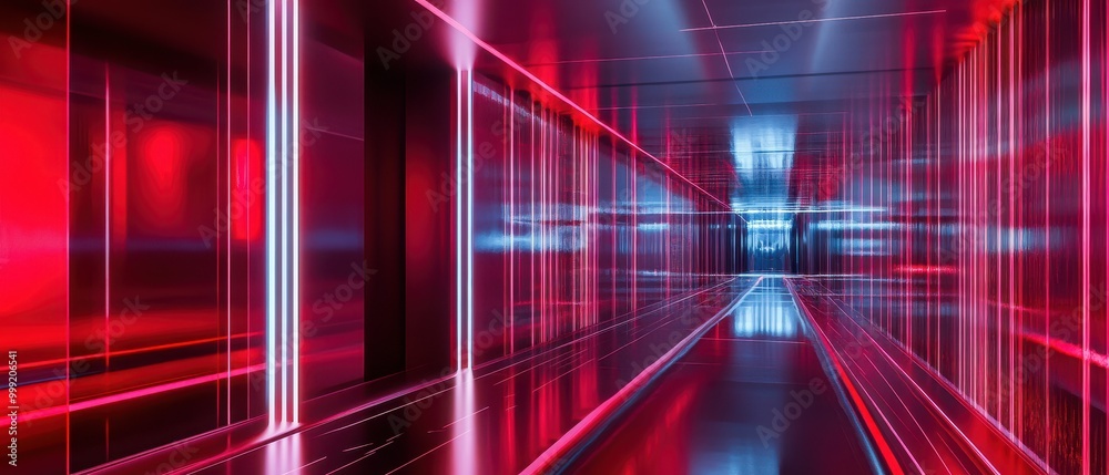 Futuristic Neon Corridor with Red and Blue Lights, 3D Render - Abstract ...