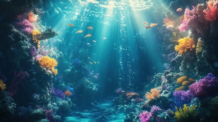 Wall Mural - Underwater Coral Reef with Sunbeams