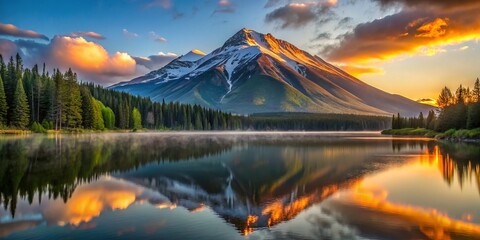 Dramatic contrasts of light and shadow unfold across the mountain landscape, as sunrise illuminates the calm, glassy lake, revealing an idyllic scene of natural beauty.