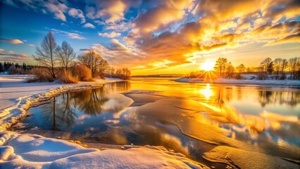 Wall Mural - Golden Hour Illuminates Frozen Landscape where Water Reflects Vibrant Colors of Morning Sky