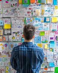 A man observes a wall filled with colorful sketches and notes, representing creativity and brainstorming in a workspace.