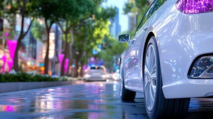 A sleek white car parked on a vibrant city street, reflecting colorful lights in the rain, capturing urban nightlife ambiance.