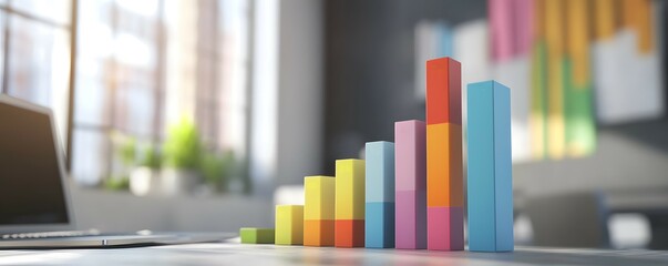 Poster - A colorful bar chart displaying growth trends in a modern office setting, showcasing data visualization and analysis.