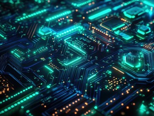 Poster - Abstract Futuristic Circuit Board with Glowing Green and Orange Lights.