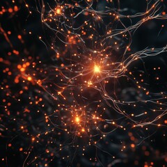 Poster - Abstract Neural Network with Glowing Orange Lights and Black Background - Digital Art, AI, Science Concept.