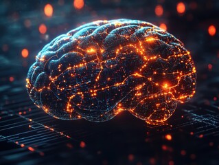 Poster - 3D Render of a Glowing Human Brain with Circuit Board Background - Artificial Intelligence and Neural Network Concept.