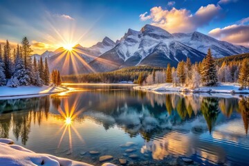 morning sun's gentle rays awaken the snow-covered mountains, casting a warm, inviting light on the f