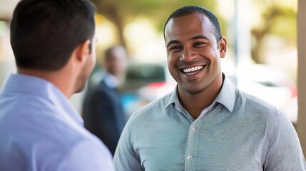 Canvas Print - Smiling Man Engaging in Conversation Outdoors