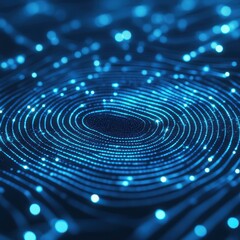 Poster - Abstract Blue Fingerprint Pattern with Glowing Lines and Bokeh Lights - Digital Security and Technology Background.