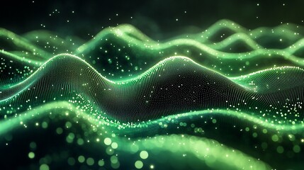 Wall Mural - Abstract green wave of glowing particles on a dark background.