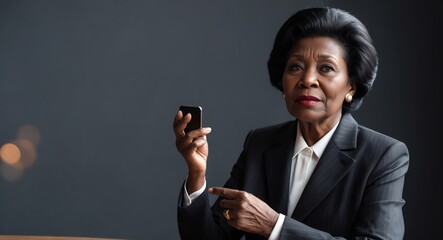 Canvas Print - Determined elderly Black businesswoman in a suit making a decision against a dark gray background