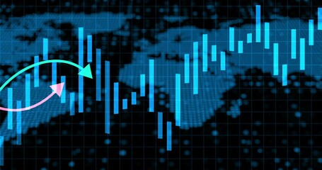 Poster - Stock market, blue and arrow for finance with bar graph for supply chain, commodity price increase or decrease. Chart information, digital and stats of economic inflation, cost and value or rates.