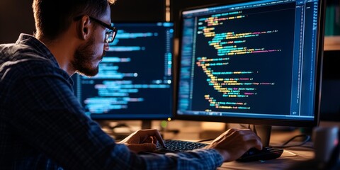 Fototapete - Detailed view of a developer integrating a back-end framework, API endpoints and database connections in focus, illustrating complex web development processes.