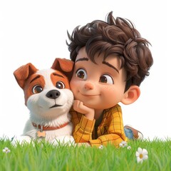 Wall Mural - Cartoon 3D child and dog lying on the grass, looking at the sky Isolated white background