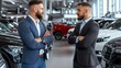 © Metthaisonk - Two men in stylish suits engaging in conversation at a modern car dealership, showcasing professionalism and teamwork.
