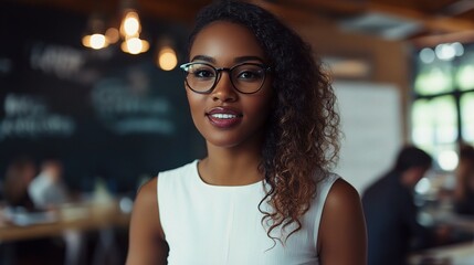 Canvas Print - Confident and Ready: A portrait of a successful businesswoman with a warm, inviting smile, exuding confidence and competence. 