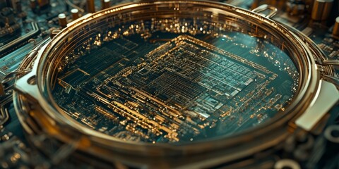 Wall Mural - a quantum computing chip, intricate patterns and connections visible under a magnifying lens, showcasing the power of quantum technology.