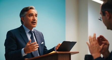 Wall Mural - Thoughtful middleaged Hispanic professor in formal attire giving a lecture against a light blue background