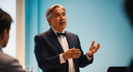 Canvas Print - Thoughtful middleaged Hispanic professor in formal attire giving a lecture against a light blue background