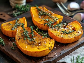 Healthy food photography organic pumpkin baked with herbs