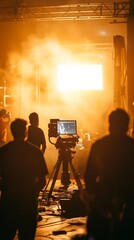 Behind-the-scenes view of a film set bathed in golden light, with silhouettes of crew members and a camera on a tripod capturing the intense illumination.